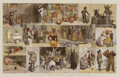 Repetitie voor de pantomime in het Drury Lane Theatre